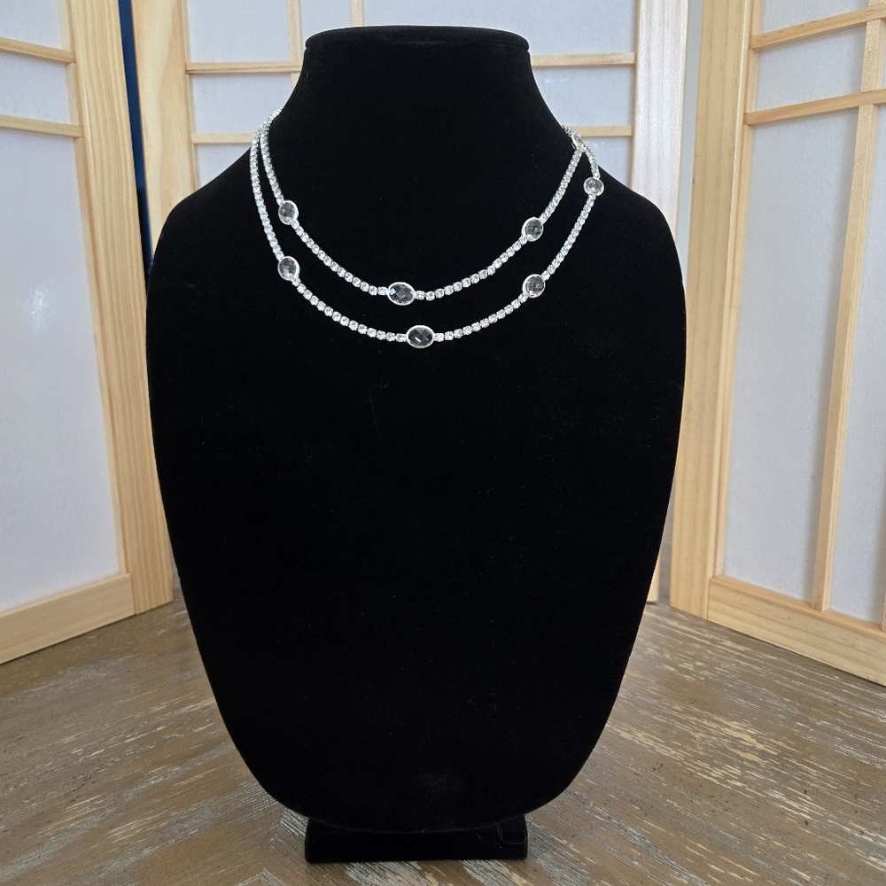 💎 Silver Rhinestone Layered Necklace 17.5” Sparkly Holiday Party Glam Gift NWOT